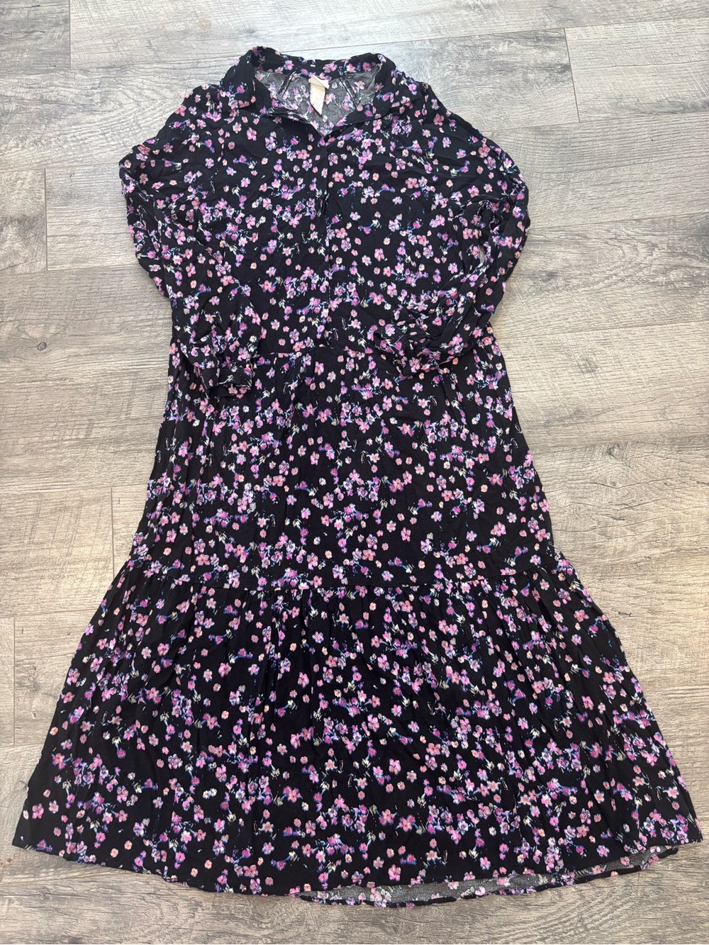 H&M Black Long-Sleeve Tiered Midi Dress with Pink & Purple Floral Print